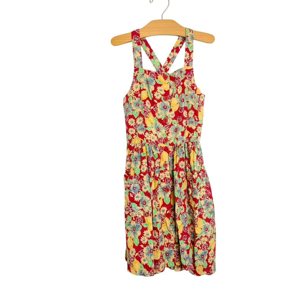 Polo Ralph Lauren Girls Red Floral Lemon Print Sun Dress Size 7 Button Front